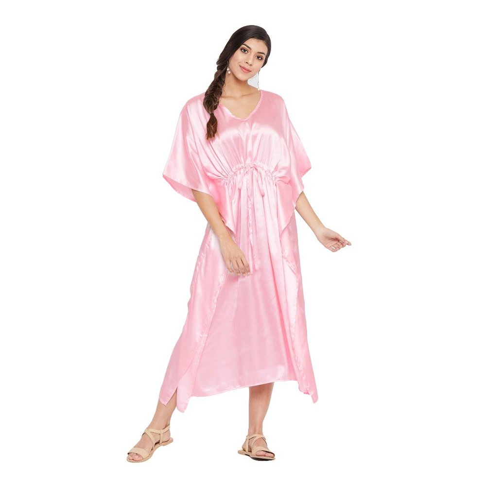 Womens Full Length Caftan Dress Silky Satin Long Maxi with Drawstring Nighty - Picture 1 of 7